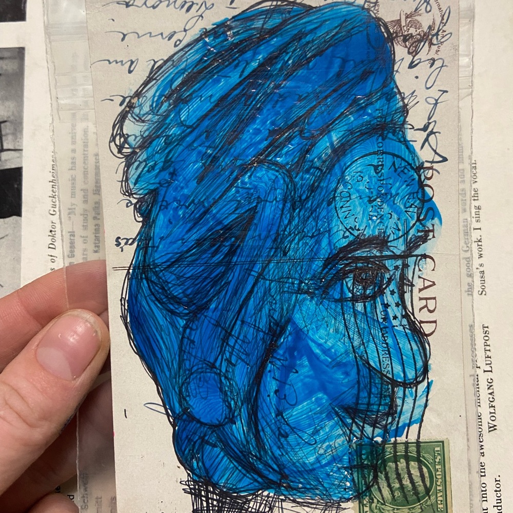 Abstract Blue Portrait Art on Vintage Postcard